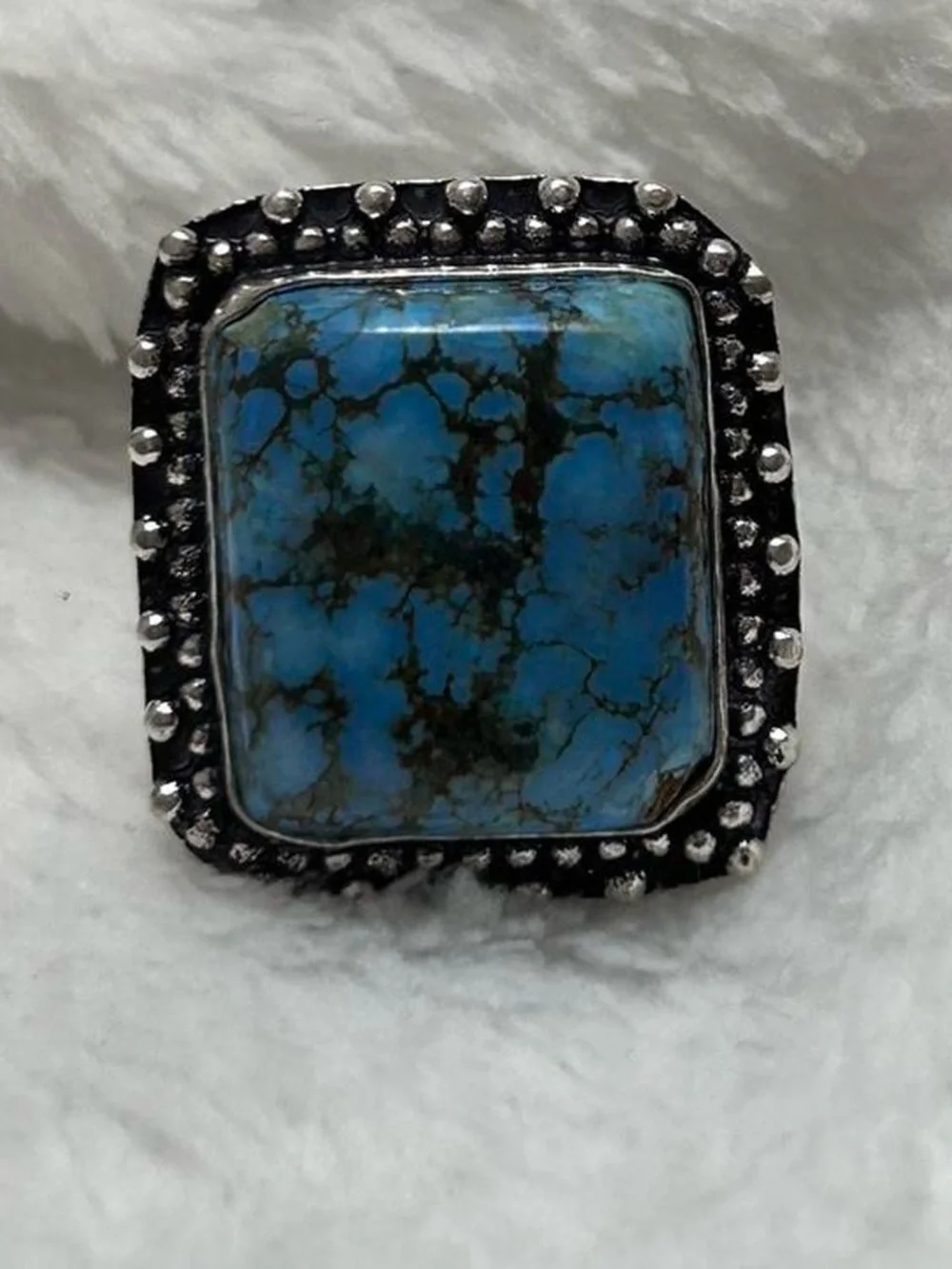 Turquoise Statement Ring with 925 Silver Beaded Halo